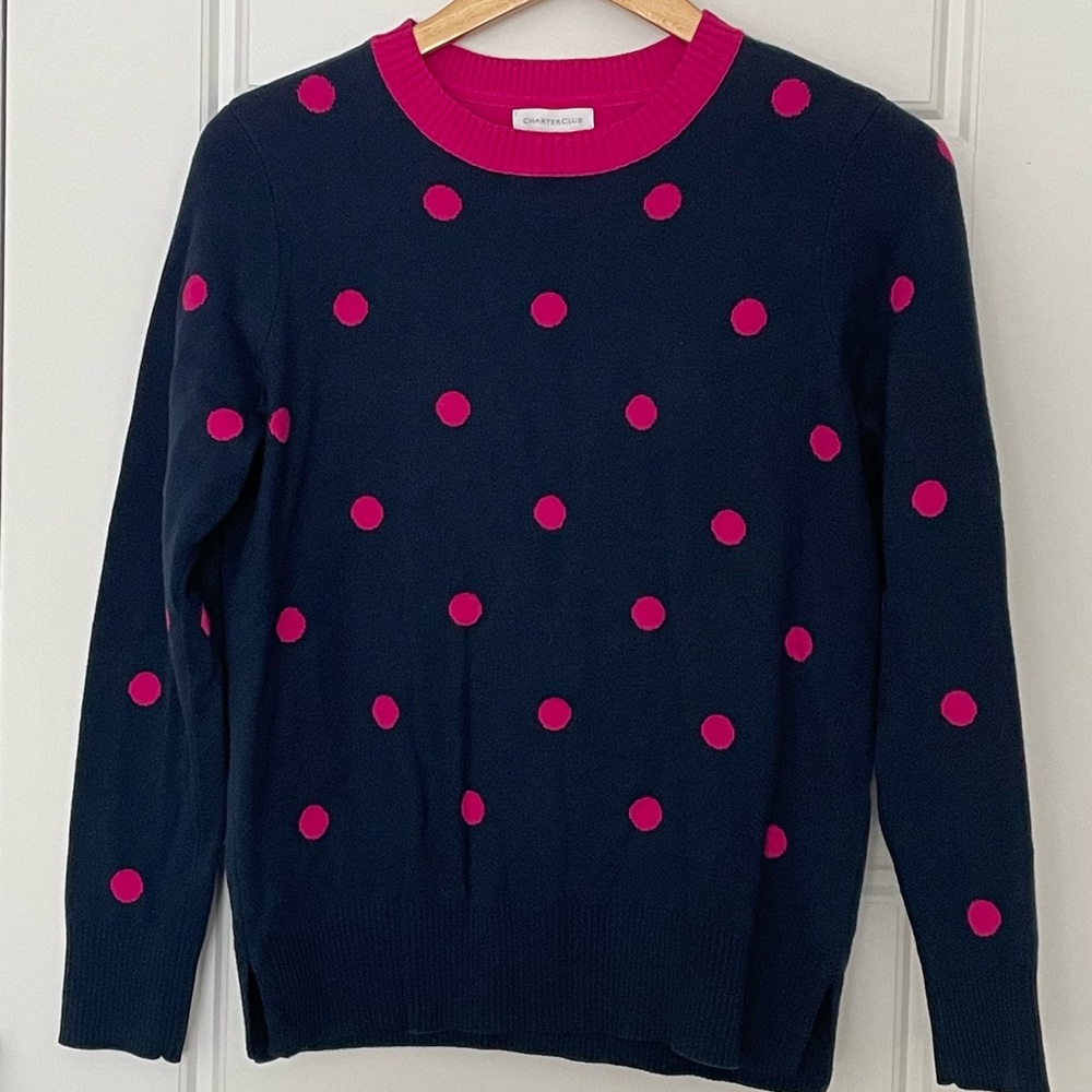 Navy and pink polka dot sweater
